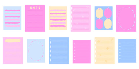Vibrant color sticky paper notes for daily planner, hand drawn memo sheet stickers. Pins and paper clips, paper note, to-do list and reminder, blank diary pages set. pink blue yellow.