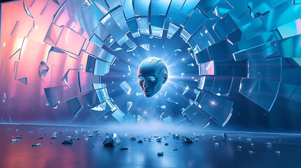 A powerful AI emerging from a shattered barrier labeled "Limitations", shards suspended mid-air, symbol of breaking boundaries, dynamic composition, Generative Ai