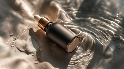 濡れた布の上に置かれた黒いスポイトボトルと柔らかな光（美容・コスメ・スキンケア・夏）