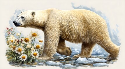 Fototapeta premium Polar bear in arctic flowers