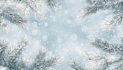 Winter Wonderland: Frosty Pine Branches and Falling Snowflakes