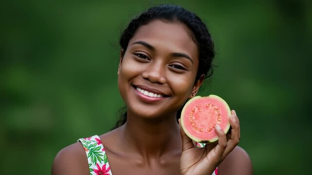 Young woman joyfully holding a fresh guava slice outdoors, surrounded by lush greenery, smiling - beautiful women of fiji