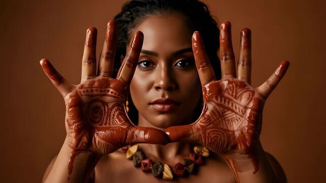 Woman displaying intricately designed henna on her hands against a warm, earthy background - beautiful women of fiji
