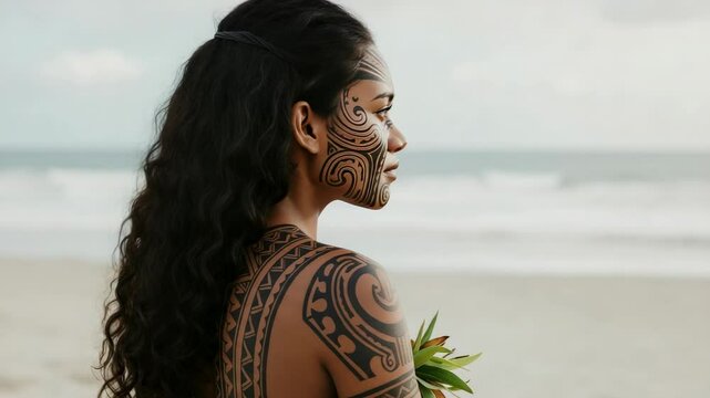 Woman with intricate tribal tattoos standing on a beach, gazing at the ocean waves under a cloudy sky - beautiful women of fiji
