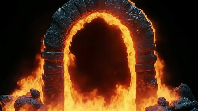 A dark stone gate lit by flames, as if opening the way to a hidden and mysterious dimension.