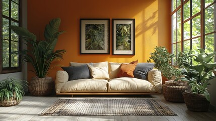 Sunlit Living Room With Beige Sofa And Lush Plants