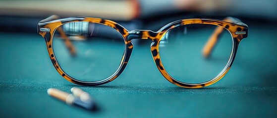 Stylish patterned glasses and pen on a teal surface with blurred background. Vision accessory