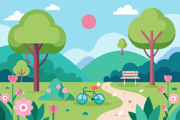 Spring Park Landscape Vector with Flowers and Picnic Area