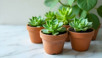 Obraz premium close up view of green succulents in flowerpots on marble background