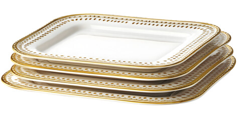 Stack Of Gold Trimmed Rectangular Porcelain Plates Isolated Transparent Background Illustration
