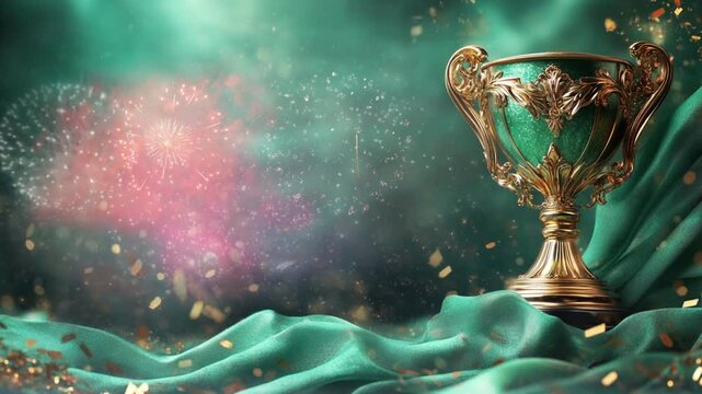 Amazing Champion green winner's trophy cup with falling golden confetti on soft green background