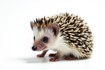 Obraz premium Tiny hedgehog, curled in defensive ball on pure white background, adorable, prickly, one