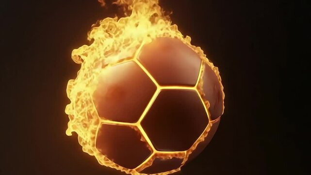 The soccer ball ignites in intense flames, floating in the air against a dark background that enhances the dramatic effect and explosive energy.