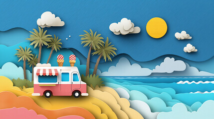 A cheerful summer paper cut illustration of an ice cream truck parked near the beach. Colorful and perfect for seasonal ads or kids' content.