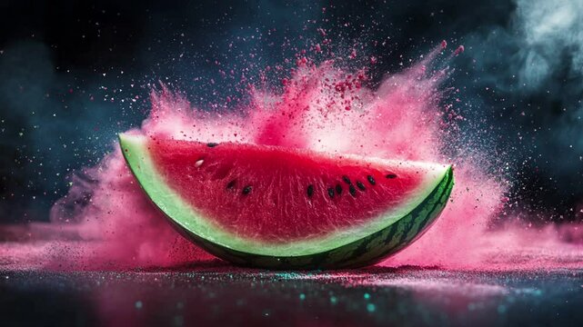 stunning slice of watermelon with colorful powder explosion on background, seamless looping video animated background