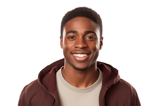 Smiling African American male college student on transparent background – Young black man, education, diversity, university life, studying, learning, academic success, future, motivation. PNG cut out.