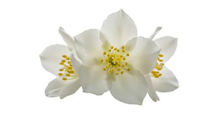 Obraz premium Close-up of three delicate white jasmine flowers with yellow centers