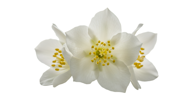 Close-up of three delicate white jasmine flowers with yellow centers