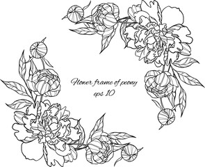 Template frame of vector lush foliage peonies isolated.