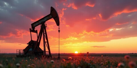 Silhouette of an oil derrick at sunset, standing tall amidst a field of wildflowers, bathed in warm golden and reddish hues, reflecting the fiery beauty of the twilight sky.