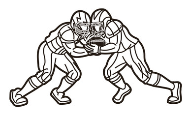 American Football Players Battle Action Cartoon Outline Sport Graphic Vector