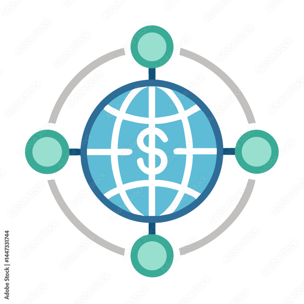Poster global finance network icon representing international financial connectivity and digital transactio