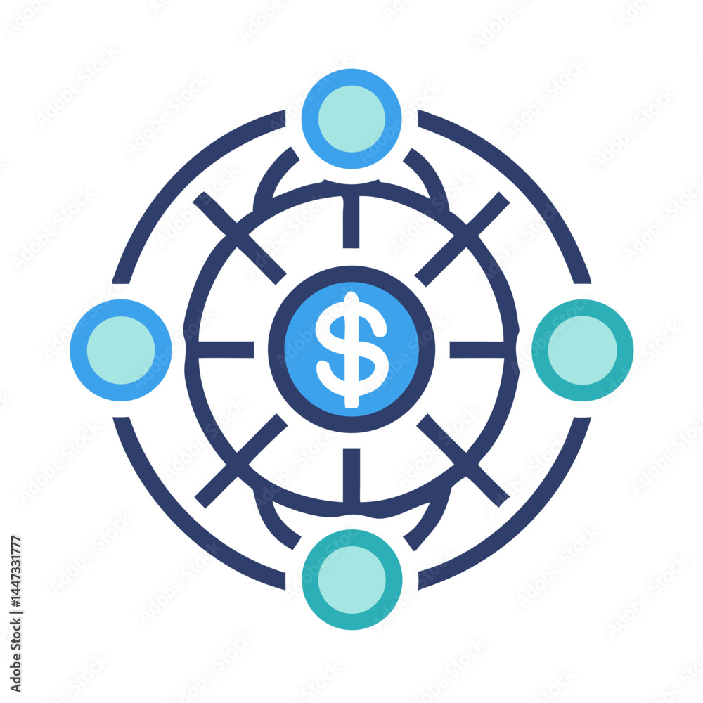 Poster global finance network icon representing international financial connectivity and digital transactio