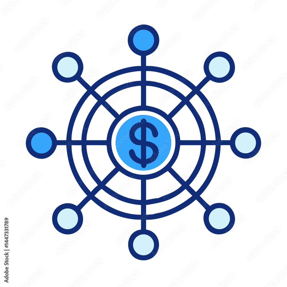 Poster global finance network icon representing international financial connectivity and digital transactio