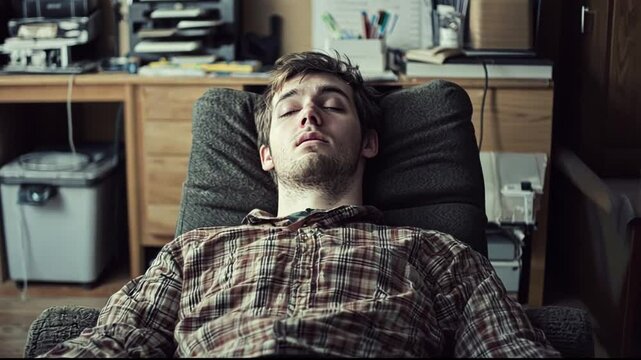 Young man relaxing on a couch in a cluttered room, with office supplies in the background