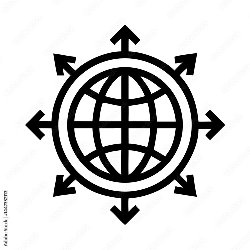 Fototapete globe with multi-directional arrows icon representing global distribution and international connecti