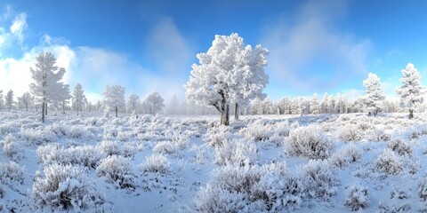 Serene snow-covered forest with frost-coated trees under cloudy skies, ideal for winter landscape photography