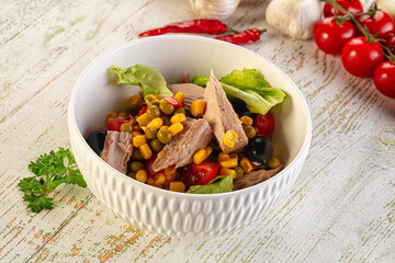 Dietary salad with canned tuna and corn