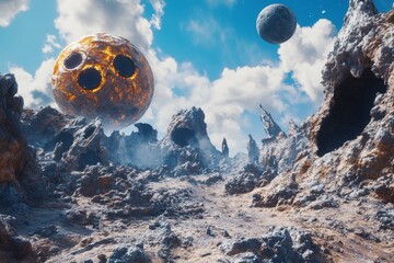 Alien landscape with a fiery orb.  Vast, rocky terrain with unusual craters and formations, a fiery orb hangs suspended in the sky, surrounded by celestial bodies