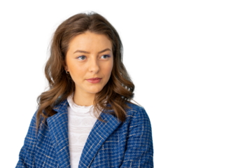 Professional businesswoman in blue jacket glancing sideways against transparent backdrop