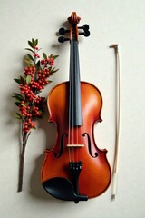 Fototapeta na wymiar A polished violin rests beside a sprig of vibrant red berries, a still life suggesting musical artistry and seasonal charm