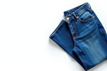 Classic blue denim jeans, crisply folded on pure white backdrop , blue jeans, denim jeans, material