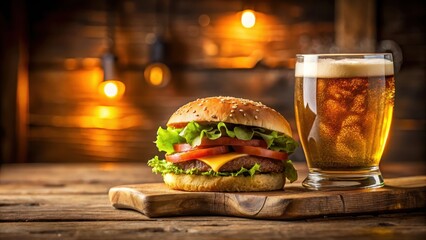 Juicy hamburger patty and cold beer on a wooden pub table, with a nostalgic atmosphere and warm lighting , lighting, beer