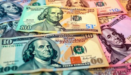 Close-up textured seamless pattern of currency Various denominations blended , element, detail