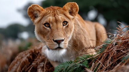 Obraz premium Close-up of a young lion cub walking through a natural habitat with blurred background scenery