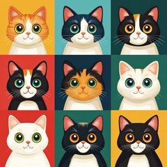 Colorful Grid of Cartoon Cats with Unique Expressions and Features