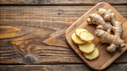 Fresh ginger root sliced thinly on a wooden cutting board, vegetable, plant,  vegetable, plant,ginger root, slice