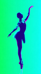 Elegant ballerina silhouette in dance pose with green and cyan neon gradient background