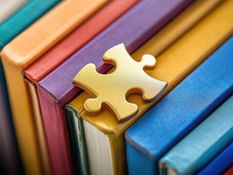 Colorful books with a gold puzzle piece
