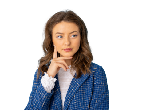 Pensive professional wearing blue blazer, hand contemplating, standing against transparent backdrop