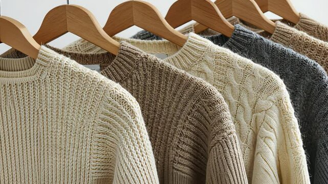 Cozy knit sweaters display: warm textures and earthy tones hanging in a row