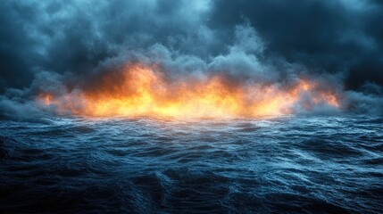 Fototapeta premium Fiery Inferno Envelops Dark Ocean Waves Under Stormy Sky