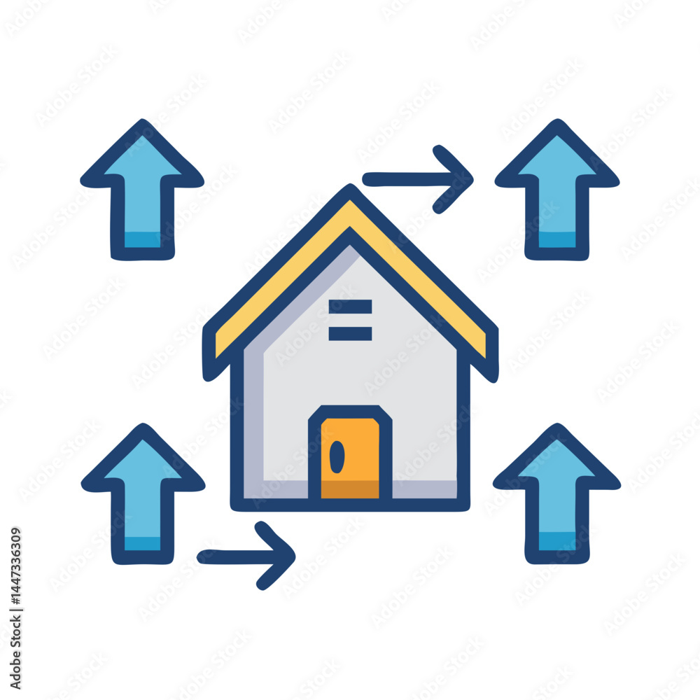 Poster House with Network Arrows Icon Representing Smart Home Connectivity and Data Communication