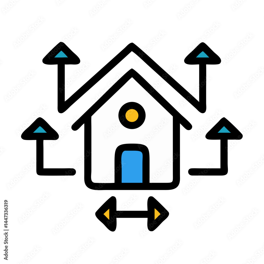 Poster House with Network Arrows Icon Representing Smart Home Connectivity and Data Communication