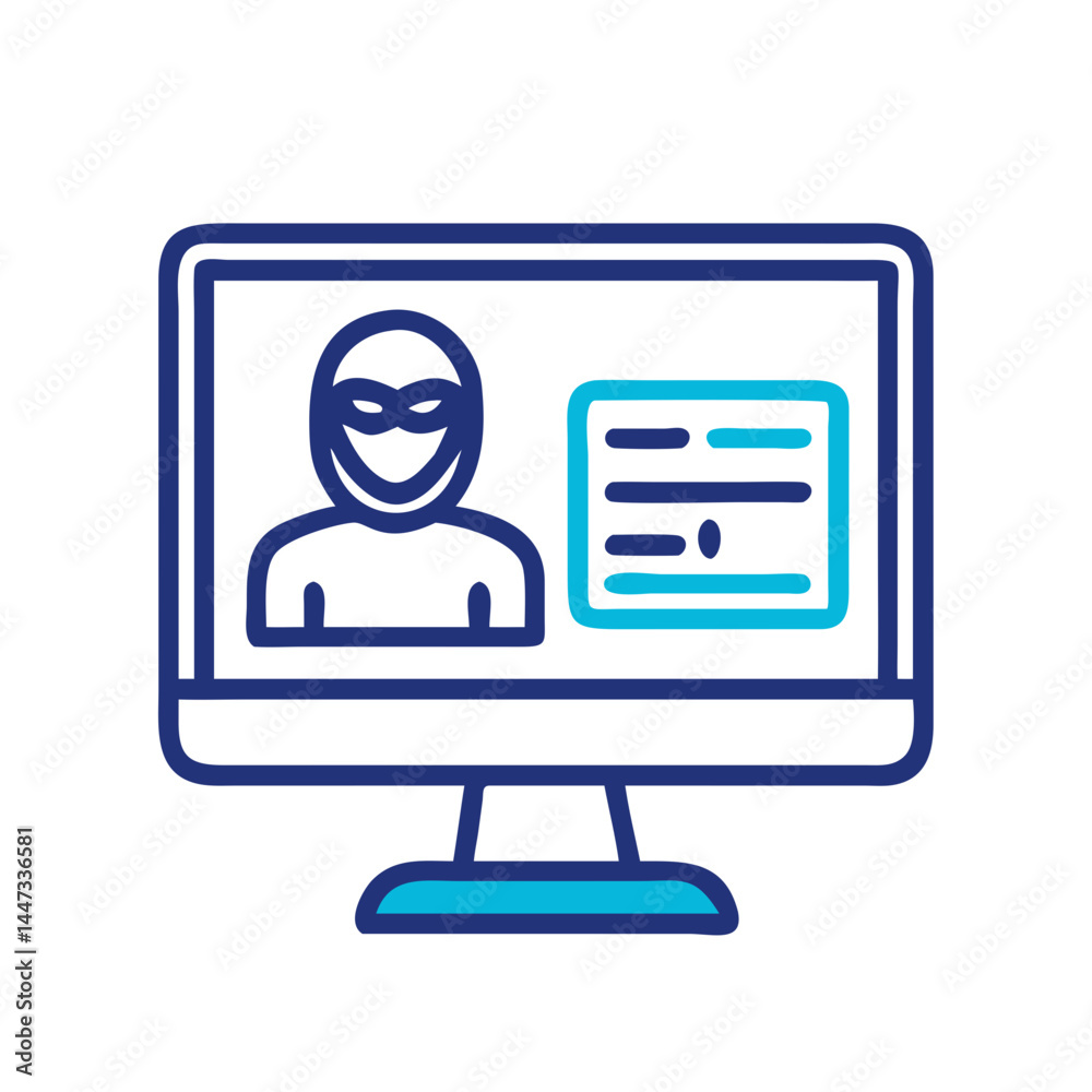 Poster identity theft on monitor icon representing cybersecurity breach and personal data compromise