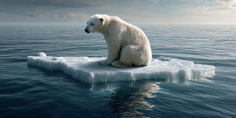 Polar bear sitting alone on shrinking ice floe in open ocean representing climate change